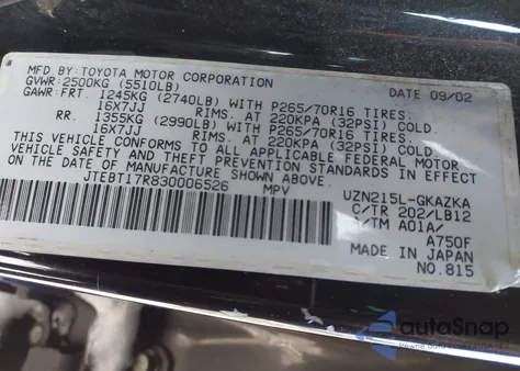 2003 Toyota 4Runner Limited V8 z USA, uszkodzony, nr VIN JTEBT17R830006526